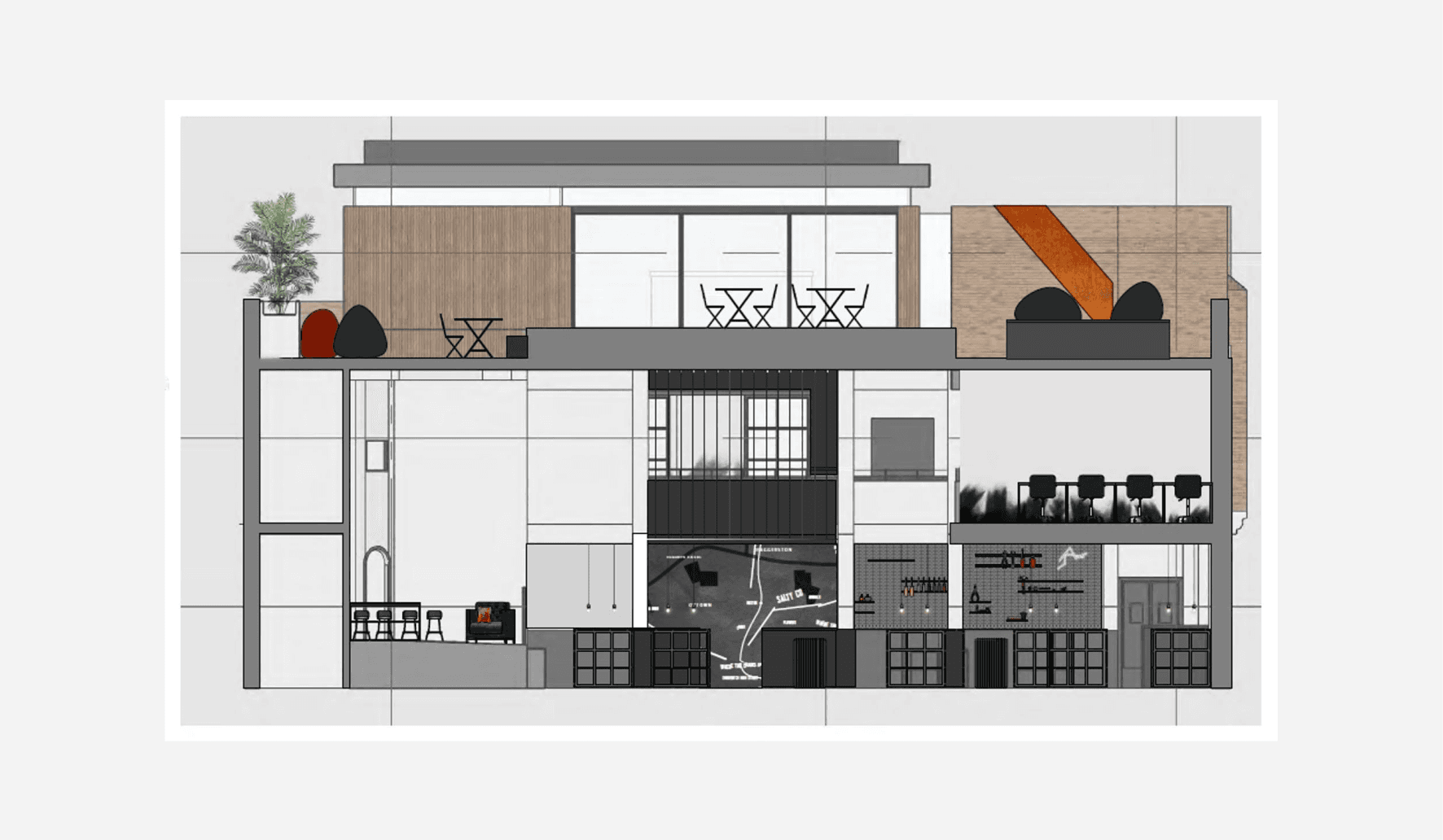 Elevation section of the main room in Salty Commune